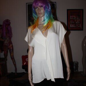 VINCE Ivory Silk Flutter Sleeve Blouse L Hi-Low V Neckline Ruffle Side Slits